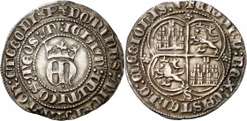 Enrique II (1369-1379). Sevilla. Real. (Imperatrix E2:22.42, mismo ejemplar) (AB. falta). Leve defecto de cospel. Pátina. Raras leyendas. 3,52 g. EBC-...