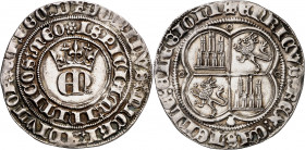 Enrique II (1369-1379). Coruña. Real. (Imperatrix E2:22.64, mismo ejemplar) (AB. 404 var). Venera bajo curz como separación entre INIMICOS y MEO. Bell...