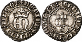Enrique II (1369-1379). Sevilla. Medio real. (Imperatrix E2:23.16, mismo ejemplar) (AB. 410 var) (Bautista 559.2, mismo ejemplar). Sin roeles en los á...