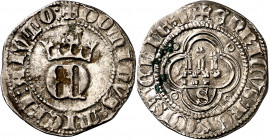 Enrique II (1369-1379). Sevilla. Medio real. (Imperatrix E2:23.20, mismo ejemplar) (AB. 410 var). Manchitas. Parte de brillo original. Raro final de l...
