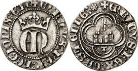 Enrique II (1369-1379). Toledo. Medio real. (Imperatrix E2:23.21, mismo ejemplar) (AB. 411.1) (Bautista 560.1, mismo ejemplar). Tres roeles en los áng...