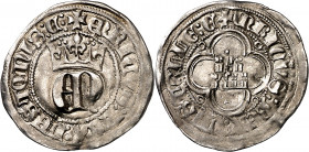 Enrique II (1369-1379). Toledo. Medio real. (Imperatrix E2:23.22, mismo ejemplar) (AB. 411.1 var). Parte de LEGIONIS rectificada sobre CASTE. Golpecit...