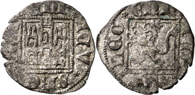 Enrique II (1369-1379). León. Novén. (Imperatrix E2:31.40 (50), mismo ejemplar) (AB. falta). Vellón rico. Rara. 0,97 g. MBC.