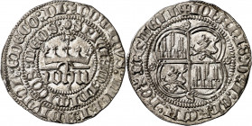 Juan I (1379-1390). Sevilla. Real. (Imperatrix J1:1.11) (AB. 539.1). Corona con florones interiores. Bellísima. Brillo original. Rara así. 3,49 g. S/C...