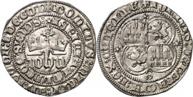 Juan I (1379-1390). Sevilla. Real. (Imperatrix J1:1.14, mismo ejemplar) (AB. 539.1 var). Corona con roeles interiores. Parte de la leyenda del giro in...
