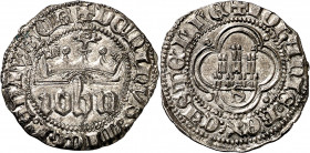 Juan I (1379-1390). Sevilla. Medio real. (Imperatrix J1:2.7 (50), mismo ejemplar) (AB. 542). Roeles en los ángulos. Bella. Brillo original. Escasa así...