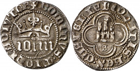 Juan I (1379-1390). Sevilla. Medio real. (Imperatrix J1:2.7, mismo ejemplar) (AB. 542). Sin adornos en los ángulos. Rayitas. 1,59 g. MBC-/MBC.