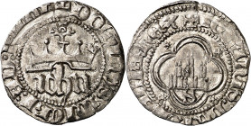 Juan I (1379-1390). Sevilla. Medio real. (Imperatrix J1:2.11, mismo ejemplar) (AB. 542.1). Corona sin el florón de la izquierda. Florones en los ángul...