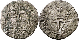 Juan I (1379-1390). Segovia. Blanca del Agnus Dei. (Imperatrix J1:9.38, mismo ejemplar) (AB. 554.2 var). Concreciones. Muy rara. 1,71 g. BC+/MBC-.