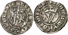 Juan I (1379-1390). Sevilla. Media blanca del Agnus Dei. (Imperatrix J1:10.6, mismo ejemplar) (AB. 562). Cospel ligeramente irregular. Atractiva. Esca...