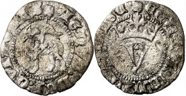 Juan I (1379-1390). Sin marca de ceca (¿Sevilla?). Media blanca del Agnus Dei. (Imperatrix J1:10.14, mismo ejemplar) (AB. 560). La V de MVNDI rectific...
