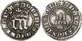Enrique III (1390-1406). Sevilla. Medio real. (Imperatrix E3:6.10, mismo ejemplar) (AB. 588 var). Muy rara. 1,69 g. MBC+.