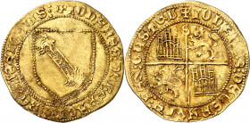 Juan II (1406-1454). Sevilla. Dobla de la banda. (Imperatrix J2:7.24, mismo ejemplar) (M.R. 16.7 var) (AB. 617.2 var). Leones coronados. Flan grande. ...