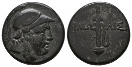 PAPHLAGONIA. Pimolisa. Time of Mithradates VI Eupator (111-105 or 95-90 BC). Ae.
Obv: Helmeted head of Ares right.
Rev: ΠIMΩ - ΛIΣH.
Sword in sheat...