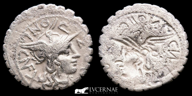 Roman Republic - L. Pomponius Cn. f. 118 BC. 
Silver brockage denarius (3,73 g. ...