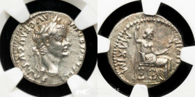 Tiberius Silver Denarius 3,78 g., 18 mm. Lugdunum 14-37 A.D. AU (NGC).