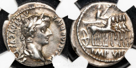 Tiberius Silver denarius --- g, 19 mm. Lugdunum 14-15 A. D. Ch VF (NGC).