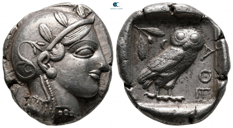 Attica. Athens circa 454-404 BC. 
Tetradrachm AR

27 mm, 17,11 g

Helmeted ...