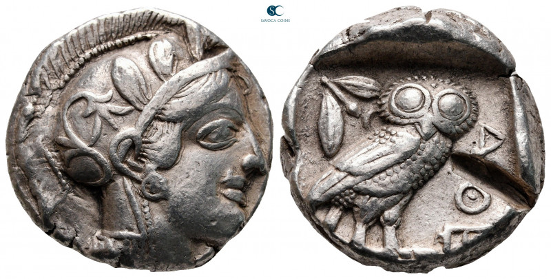 Attica. Athens circa 454-404 BC. 
Tetradrachm AR

24 mm, 17,27 g

Helmeted ...