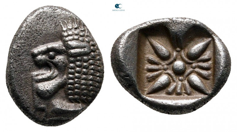 Ionia. Miletos circa 525-475 BC. 
Diobol AR

11 mm, 1,07 g

Forepart of lio...