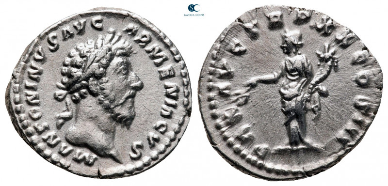 Marcus Aurelius AD 161-180. Rome
Denarius AR

19 mm, 3,47 g

M ANTONINVS AV...