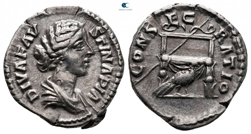 Diva Faustina II after AD 175-176. Rome
Denarius AR

19 mm, 3,13 g

DIVA FA...