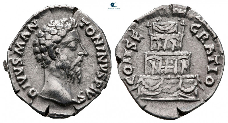 Divus Marcus Aurelius after AD 180. Rome
Denarius AR

20 mm, 2,93 g

DIVVS ...