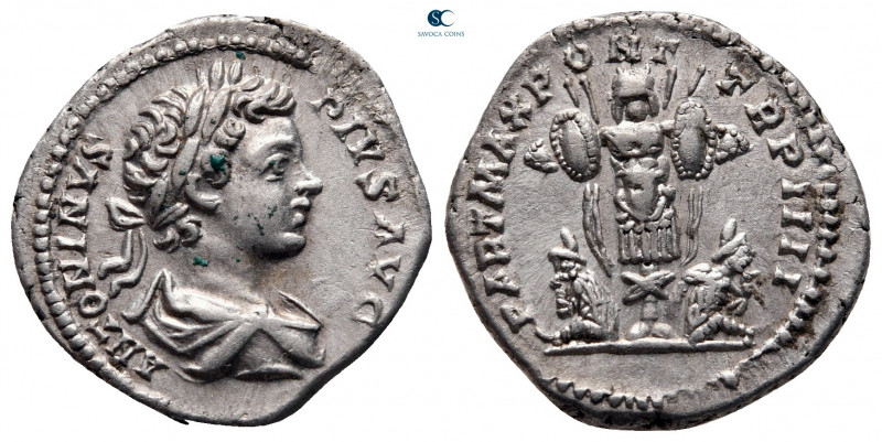 Caracalla AD 198-217. Rome
Denarius AR

19 mm, 3,42 g

ANTONINVS PIVS AVG, ...