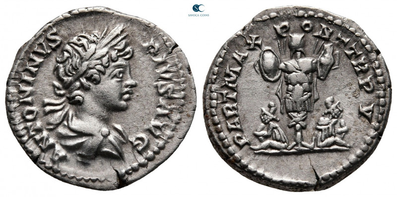 Caracalla AD 198-217. Rome
Denarius AR

19 mm, 3,48 g

ANTONINVS PIVS AVG, ...