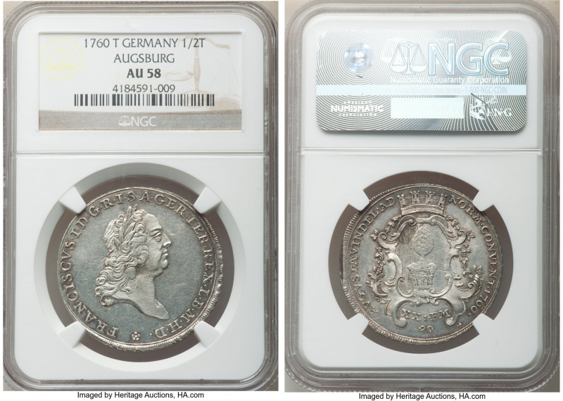 Augsburg. Free City 1/2 Taler 1760-T AU58 NGC, KM173. With the name and titles o...
