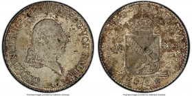 Baden. Karl Friedrich 20 Kreuzer 1808 AU58 PCGS, KM146. Variety with no mintmark. A most elusive type in higher grades, with most examples having been...