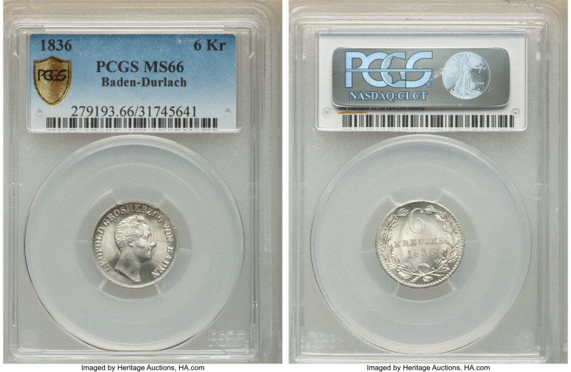 Baden. Leopold I 6 Kreuzer 1836 MS66 PCGS, KM198.1. A dazzling gem with blooming...