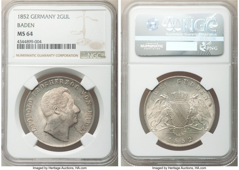Baden. Leopold I 2 Gulden 1852 MS64 NGC, KM222. A frosty specimen clearly minted...