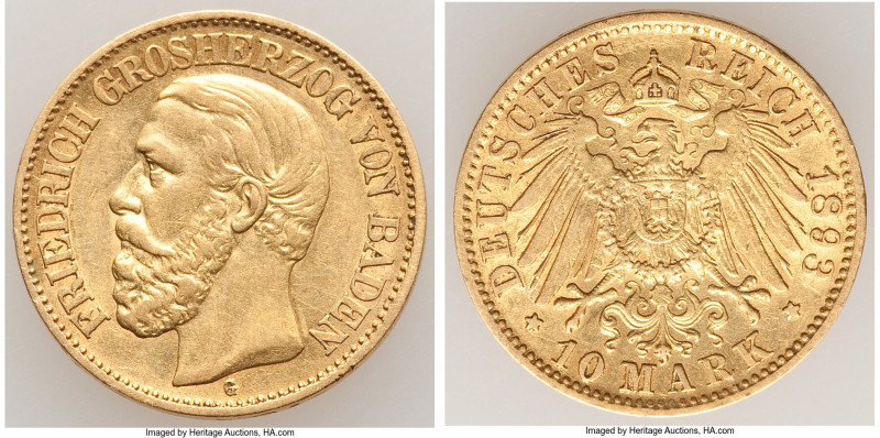 Baden. Friedrich I gold 10 Mark 1893-G XF, Karlsruhe mint, KM267. 20mm. 3.95gm. ...