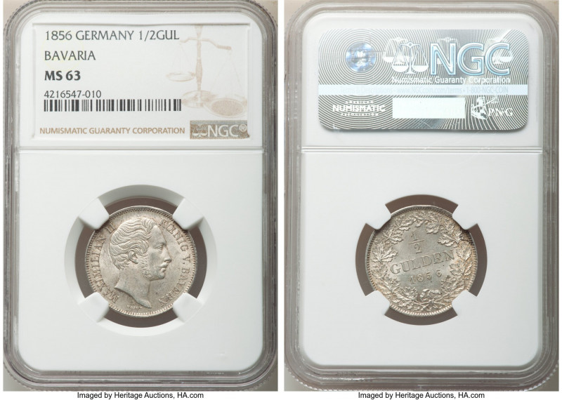 Bavaria. Maximilian II 1/2 Gulden 1856 MS63 NGC, Munich mint, KM825. The first e...
