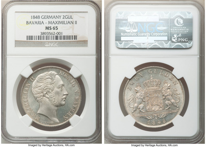 Bavaria. Maximilian II 2 Gulden 1848 MS65 NGC, Munich mint, KM828. First year of...