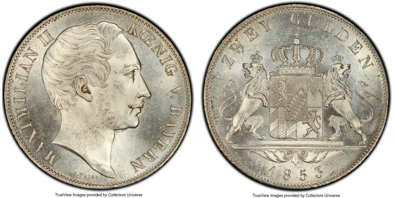 Bavaria. Maximilian II 2 Gulden 1853 MS65 PCGS, Munich mint, KM828. A bright whi...