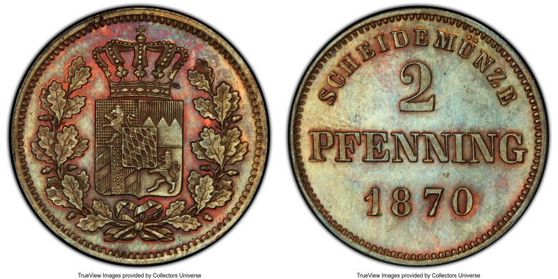 Bavaria. Ludwig II Proof 2 Pfennig 1870 PR64 Brown PCGS, KM857. Handsome gold-br...