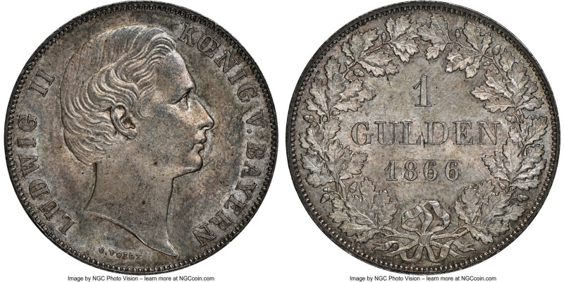 Bavaria. Ludwig II Gulden 1866 MS63 NGC, Munich mint, KM884. Minorly iridescent ...