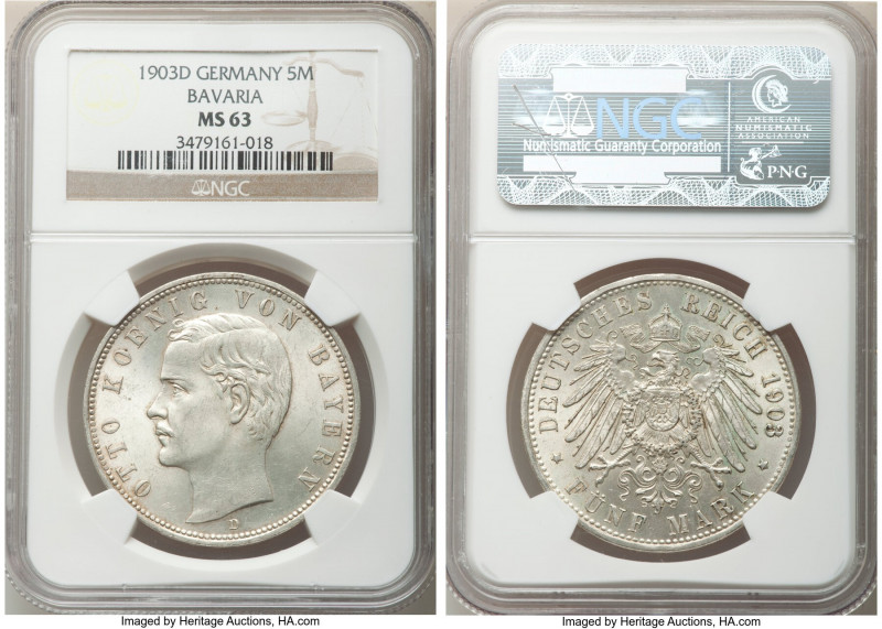 Bavaria. Otto 5 Mark 1903-D MS63 NGC, Munich mint, KM915. Very pleasant with a s...