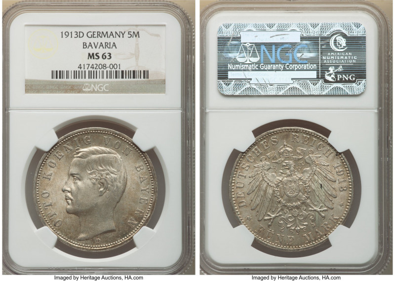 Bavaria. Otto 5 Mark 1913-D MS63 NGC, Munich mint, KM915. Only lightly toned, an...