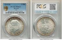 Bavaria. Ludwig III 5 Mark 1914-D MS63+ PCGS, Munich mint, KM1007, J-53. Lightly toned towards the rims, with a fully satin texture dominating through...