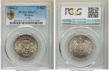 Bremen. Free City 2 Mark 1904-J MS67+ PCGS, Hamburg mint, KM250, J-59. One-year type. An immaculate specimen that stands near the peak of the certifie...