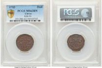 Cleves. Friedrich II Duit 1753 MS63 Brown PCGS, KM53. Altogether pleasing with medium-brown surfaces and interesting design motifs. 

HID09801242017

...