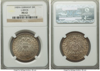 Lübeck. Free City 3 Mark 1909-A MS62 NGC, Berlin mint, KM215. Very near to choice, with full cartwheel luster and touches of iridescent tone in the le...