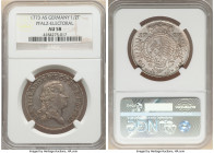 Pfalz-Electoral. Karl Theodor 1/2 Taler 1773-AS AU58 NGC, KM444. Gently handled, showing crisp motifs and shades of luster under the cabinet patina. 
...