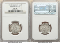 Prussia. Friedrich II 1/12 Taler 1752-B AU58 NGC, Cleve mint, KM251. Fully argent and decorated in a wood-grain tone. 

HID09801242017

© 2022 Heritag...