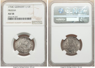Prussia. Friedrich II 1/12 Taler 1754-C AU58 NGC, Cleve mint, KM251. Borderline Mint State and relaying ample residual luster. 

HID09801242017

© 202...