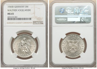 Weimar Republic "Vogelweide" 3 Mark 1930-D MS65 NGC, Munich mint, KM69. Struck upon the 700th anniversary of the death of Walther Von der Vogelweide. ...