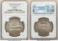 Weimar Republic "Zeppelin" 5 Mark 1930-D MS63 NGC, Munich mint, KM68. Boisterous mint bloom envelopes the example at hand, commemorating the flight of...